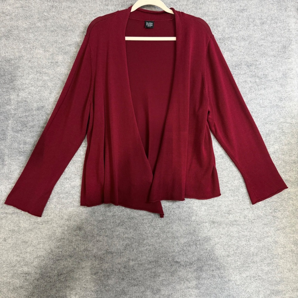 Eileen Fisher Size-XL Woman Red Silk Blend Open Front Draped Cardigan Sweater